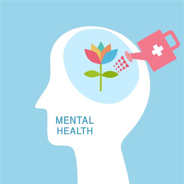 Head with a flower in a blue circle, pink watering can with health + is watering flower with hearts